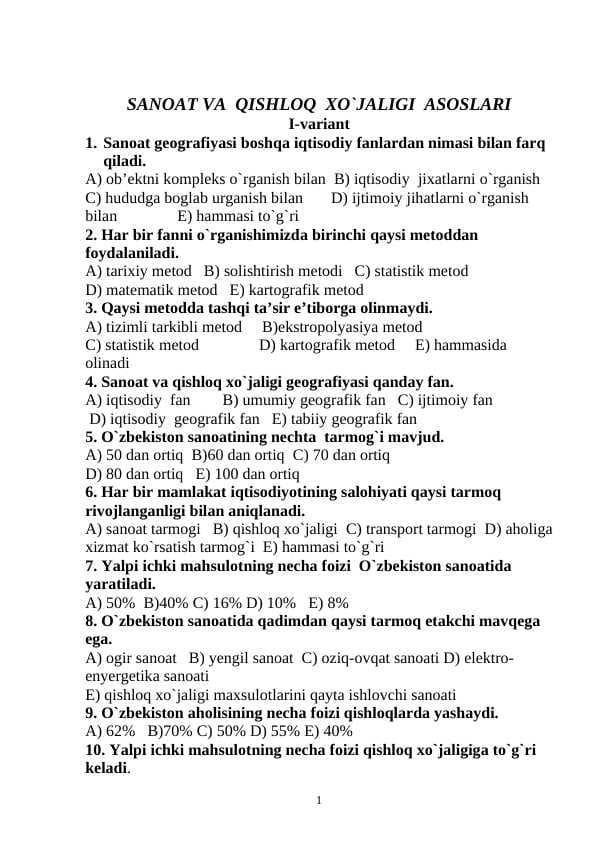 geografiya iqtisodiy test javobi bilan