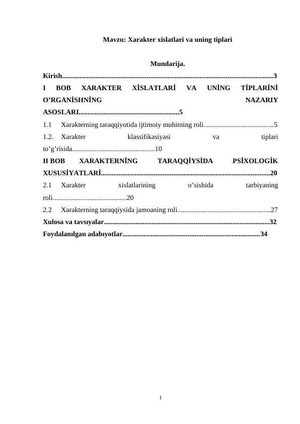 Xarakter xislatlari va uning tiplari