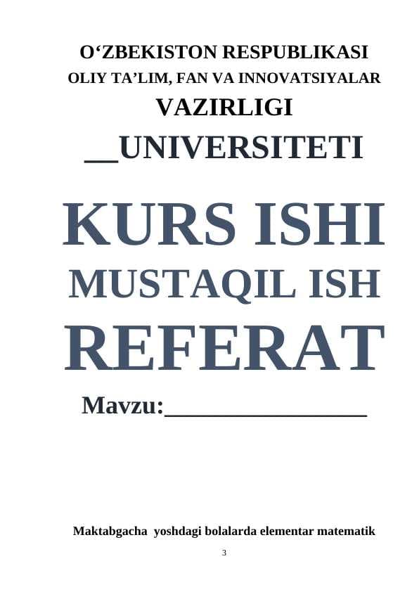 Maktabgacha  yoshdagi bolalarda elementar matematik tasavvurlarni shakllantirish metodikasi
