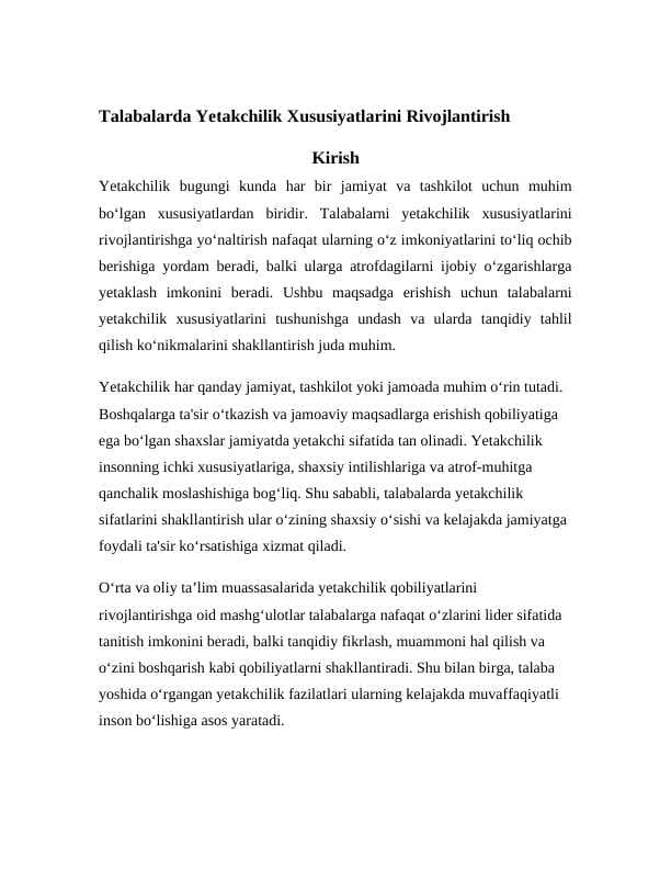 Talabalarda Yetakchilik Xususiyatlarini Rivojlantirish