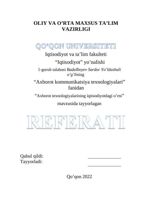 Axborot texnologiyalarining iqtisodiyotdagi o’rni
