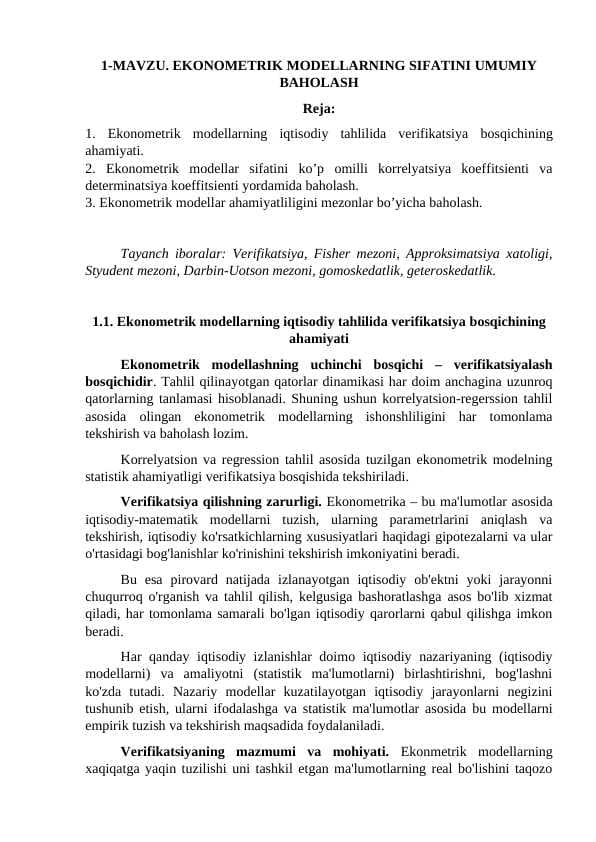 EKONOMETRIK MODELLARNING SIFATINI UMUMIY BAHOLASH