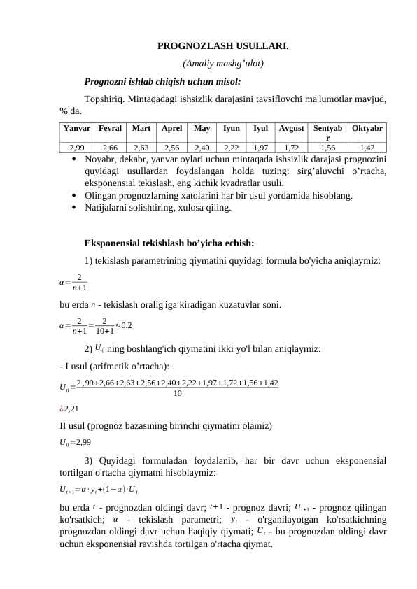 PROGNOZLASH USULLARI.  (Amaliy mashg’ulot)