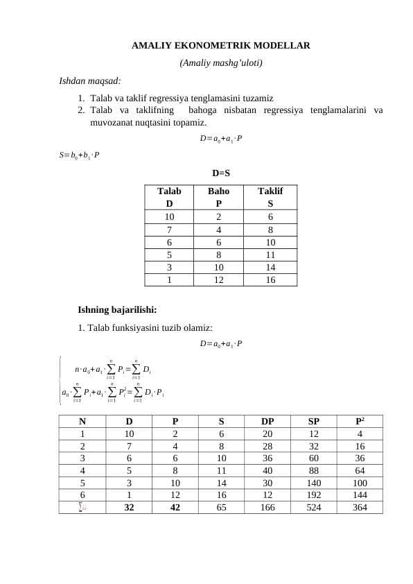 AMALIY EKONOMETRIK MODELLAR (Amaliy mashg’uloti)AMALIY EKONOMETRIK MODELLAR (Amaliy mashg’uloti)