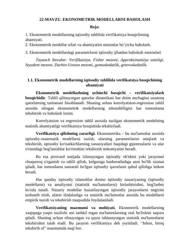 EKONOMETRIK MODELLARNI BAHOLASH