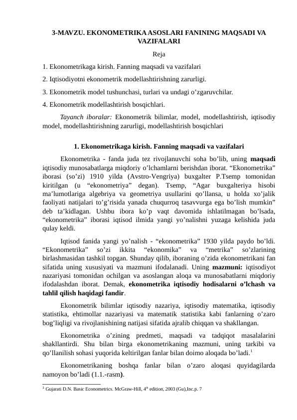 EKONOMETRIKA ASOSLARI FANINING MAQSADI VA VAZIFALARI