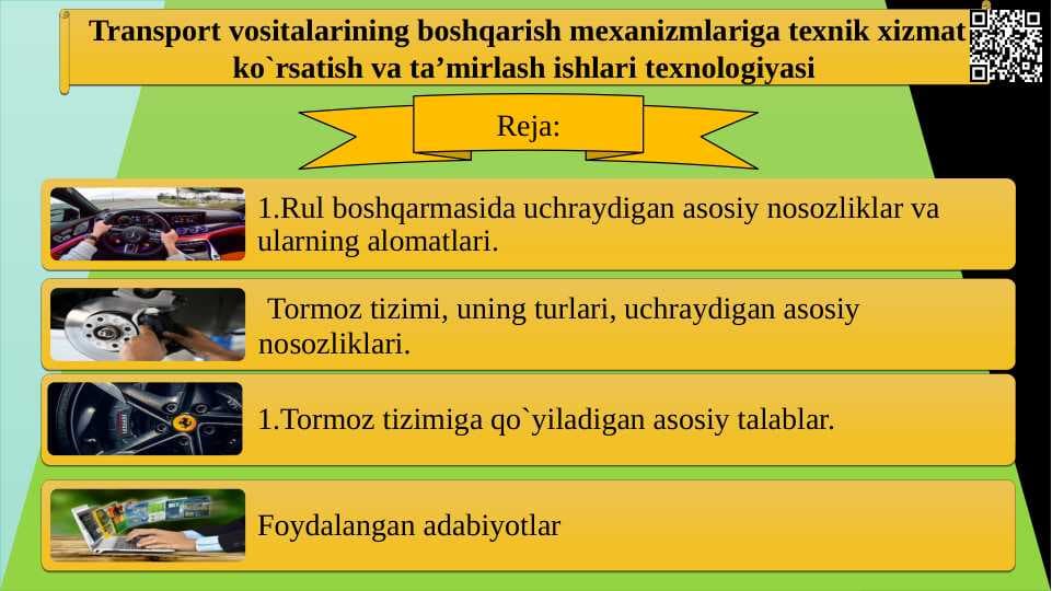 Transport vositalarining boshqarish mеxanizmlariga texnik xizmat ko`rsatish va ta’mirlash ishlari texnologiyasi