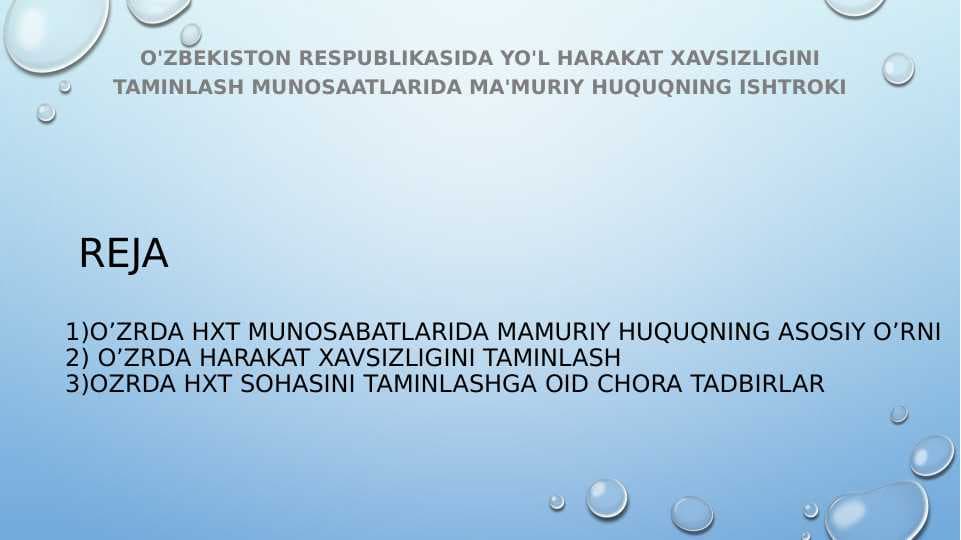 O'zbekiston Respublikasida yo'l harakat xavsizligini taminlash munosaatlarida ma'muriy huquqning ishtroki