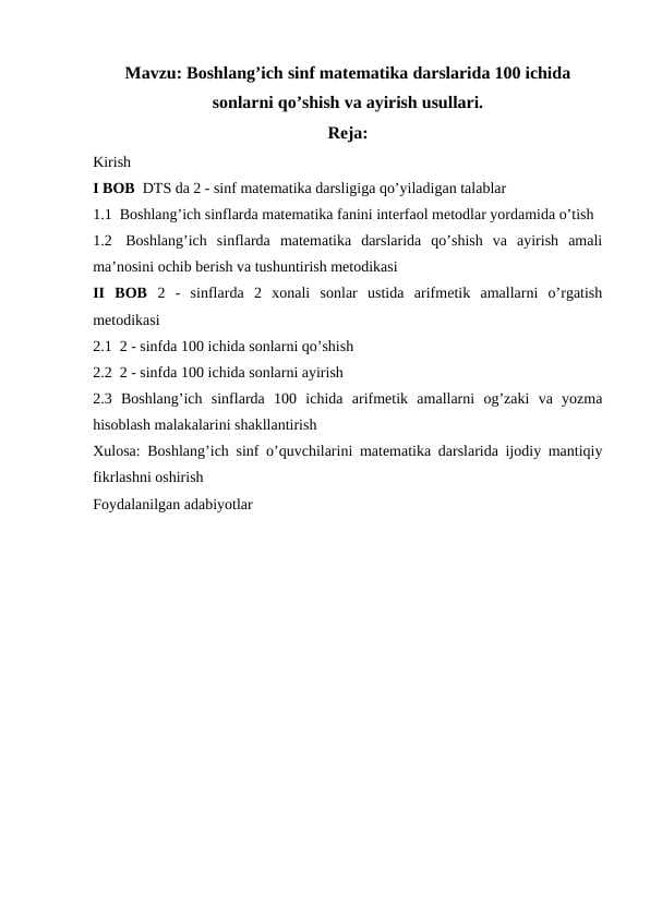 Boshlang’ich sinf matematika darslarida 100 ichida sonlarni qo’shish va ayirish usullari