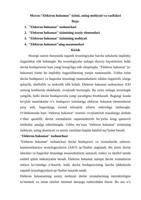 Elektron hukumat" tizimi, uning mohiyati va vazifalari