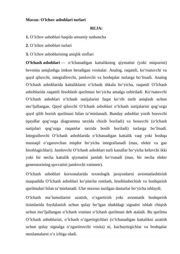 O'lchov asboblari turlari