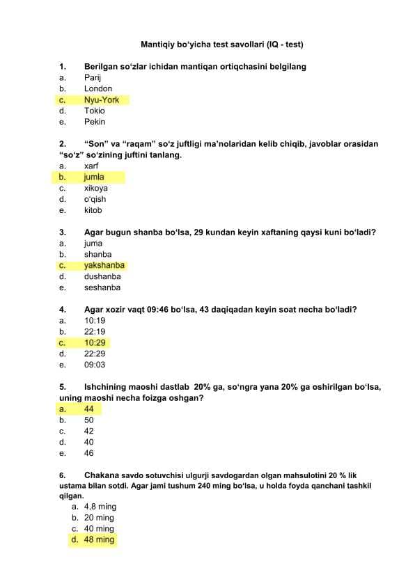 ARGOS IQ test (javobi bilan)