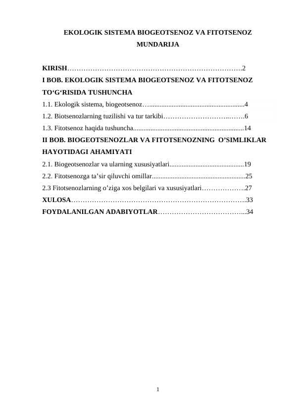 EKOLOGIK SISTEMA BIOGEOTSENOZ VA FITOTSENOZ