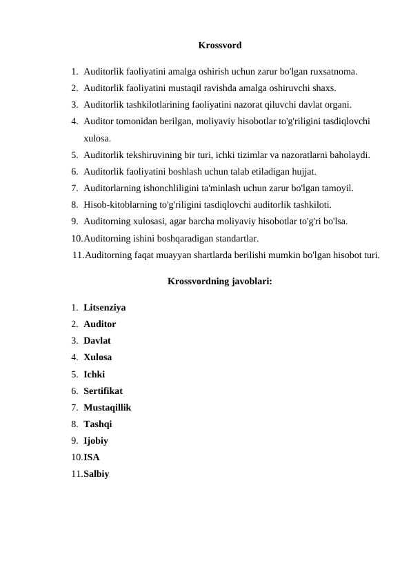 Auditorlik tashkilotlarining professional xizmatlari  Krossvord