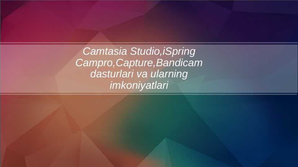 Camtasia Studio,iSpring Campro,Capture,Bandicam dasturlari va ularning imkoniyatlari