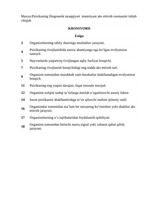 Psixikaning filogenetik taraqqiyoti  materiyani aks ettirish sxemasini ishlab chiqish KROSSVORD