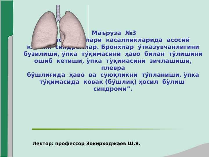 Нафас органлари касалликларида асосий клиник синдромлар . Бронхлар ўтказувчанлигини бузилиши , ўпка тўқимасини ҳаво билан тўлишини ошиб кетиши , ўпка тўқимасини зичлашиши , плеврабўшлиғида ҳаво ва суюқликни тўпланиши , ўпка тўқимасида ковак ( бўшлиқ ) ҳосил бўлиш синдроми