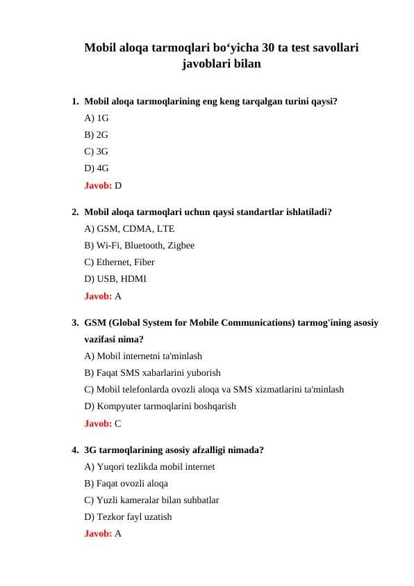 Mobil aloqa tarmoqlari boʻyicha 30 ta test savollari  javoblari bilan