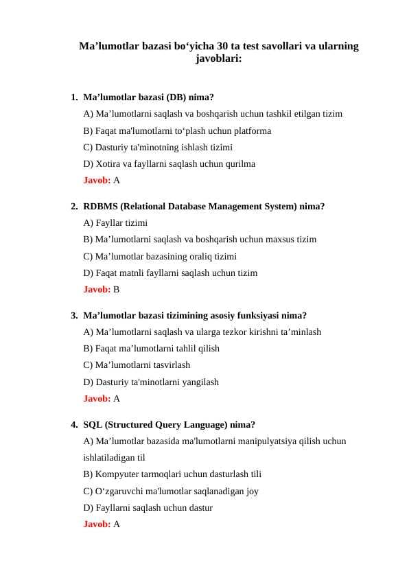 Ma’lumotlar bazasi boʻyicha 30 ta test savollari va ularning javoblari: