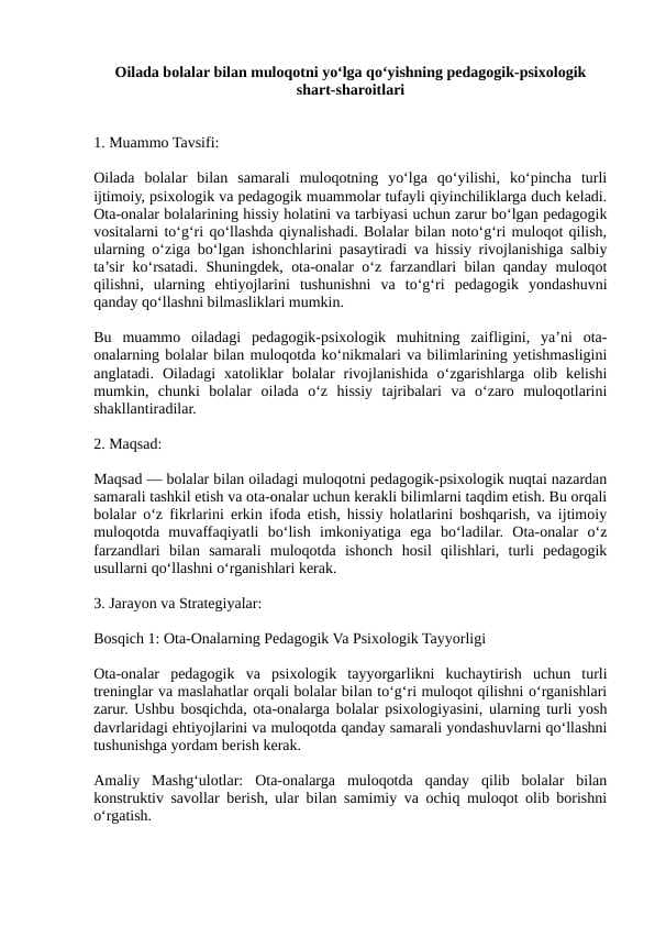 Oilada bolalar bilan muloqotni yo‘lga qo‘yishning pedagogik-psixologik shart-sharoitlari