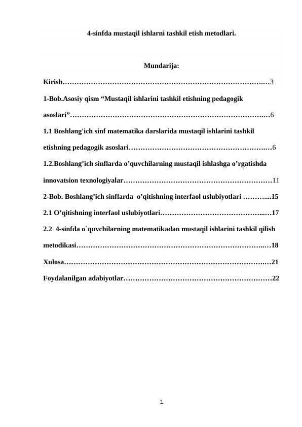 4-sinfda mustaqil ishlarni tashkil etish metodlari