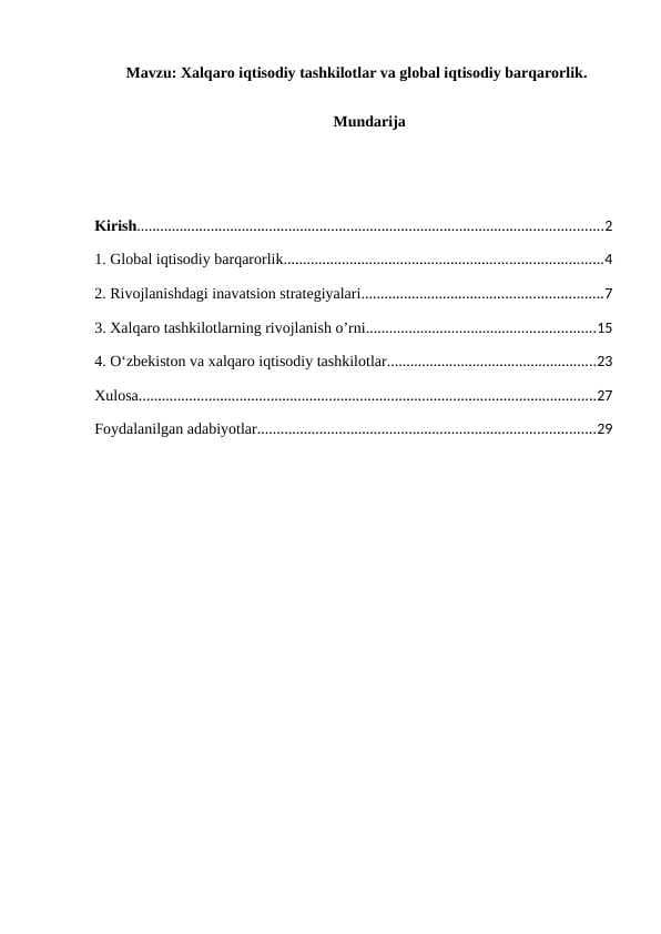 Xalqaro iqtisodiy tashkilotlar va global iqtisodiy barqarorlik.