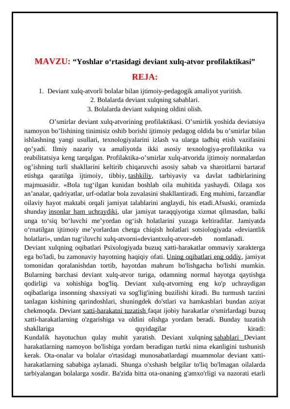 Yoshlar oʻrtasidagi deviant xulq-atvor profilaktikasi