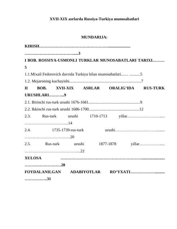 XVII-XIX asrlarda Rossiya-Turkiya munosabatlari