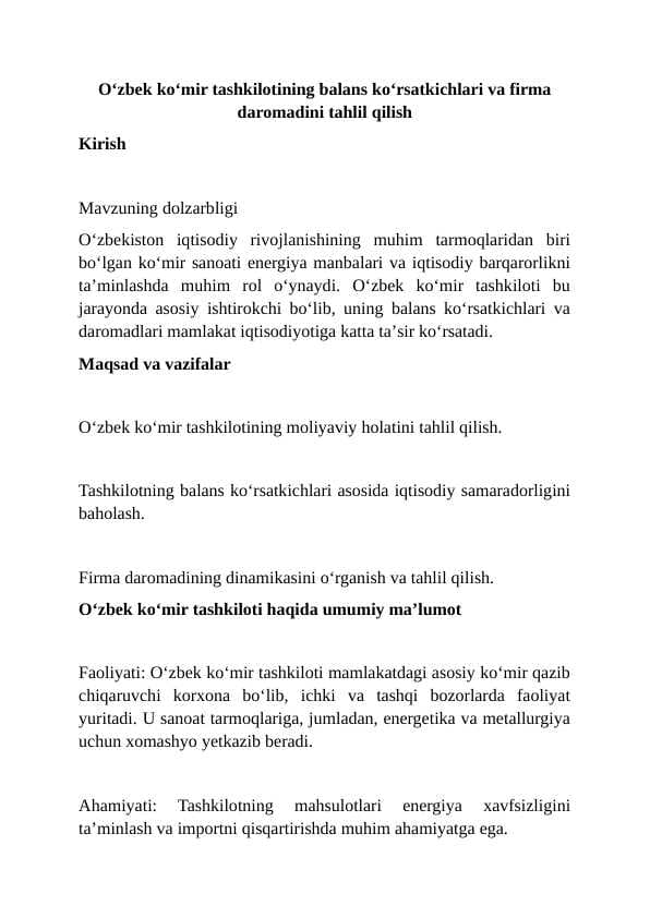 Oʻzbek koʻmir tashkilotining balans koʻrsatkichlari va firma daromadini tahlil qilish