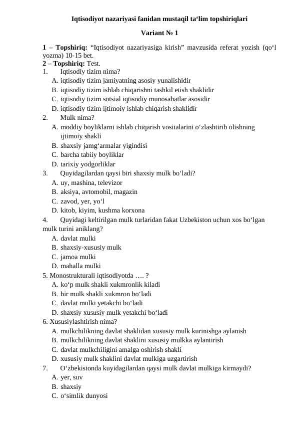 Iqtisodiyot nazariyasi fanidan mustaqil ta‘lim topshiriqlari