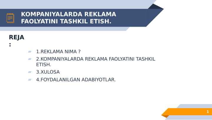 KOMPANIYALARDA REKLAMA FAOLYATINI TASHKIL ETISH.