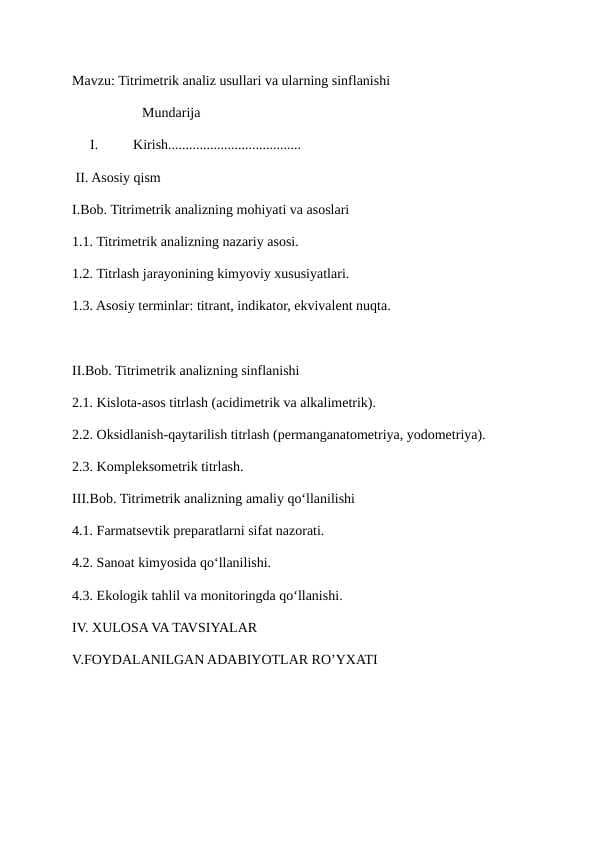 Titrimetrik analiz usullari va ularning sinflanishi