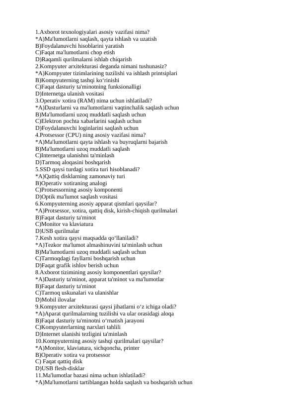 IT sohasidan testlar to'plami
