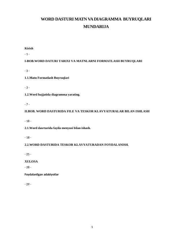 WORD DATURI MATN VA DIAGRAMMA  BUYRUQLARI