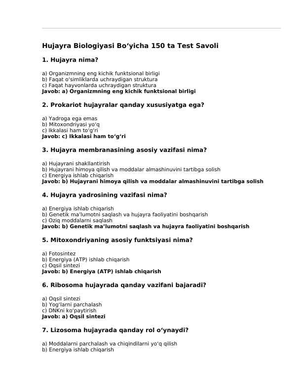 Hujayra biologiyasi bo'yicha testlar (150 ta test)
