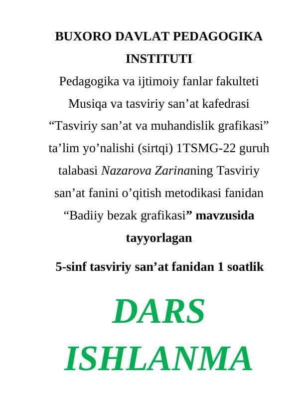 Badiiy bezak grafikasi mavzusida dars ishlanma
