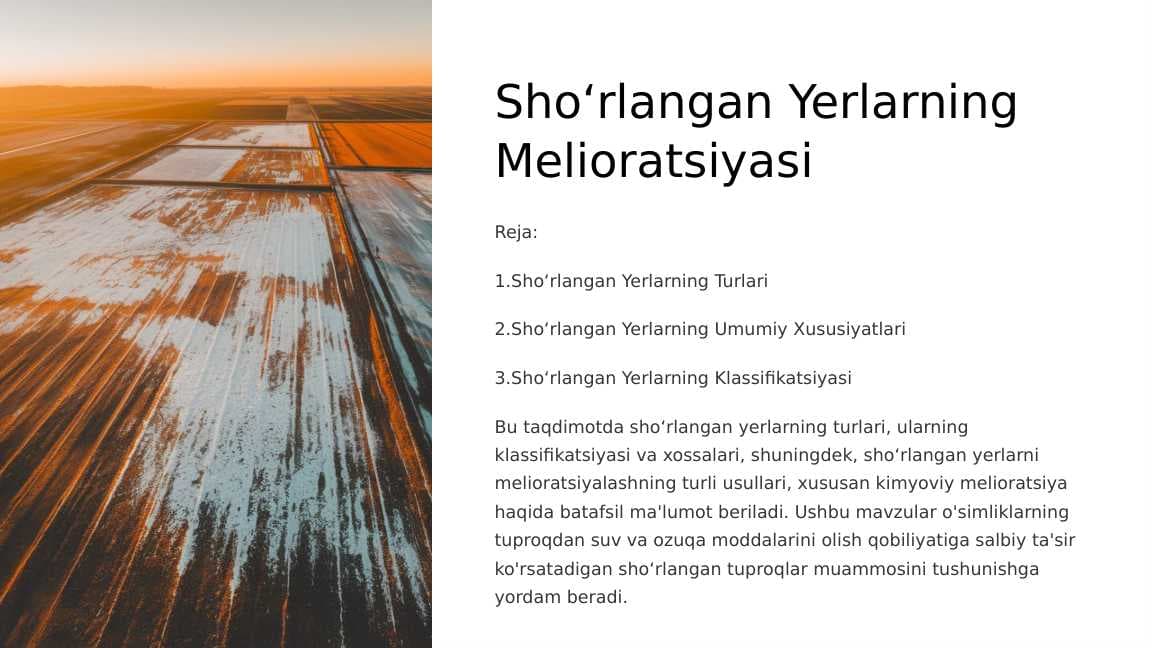 Sho‘rlangan Yerlarning Melioratsiyasi