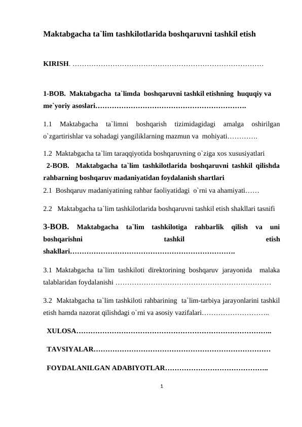 Maktabgacha ta`lim tashkilotlarida boshqaruvni tashkil etish