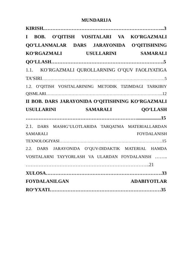 O’QISH DARSLARIDA KO’RGAZMALI VOSITALARDAN FOYDALANISH