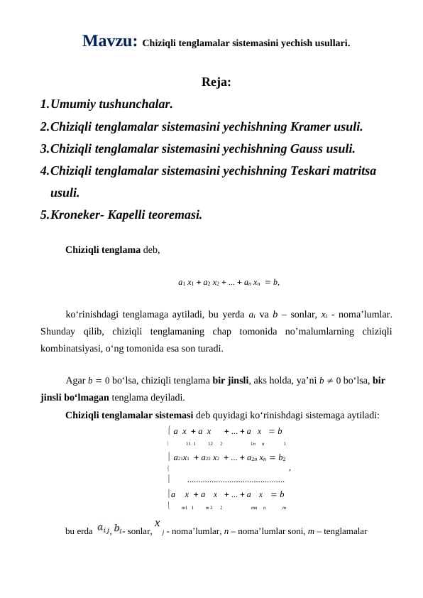 Chiziqli tenglamalar sistemasini yechish usullari
