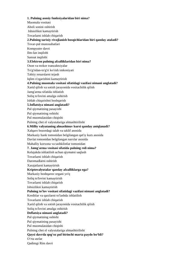 Moliyaviy savodxonlik asoslari fanidan yakuniy baza testi. TATU.