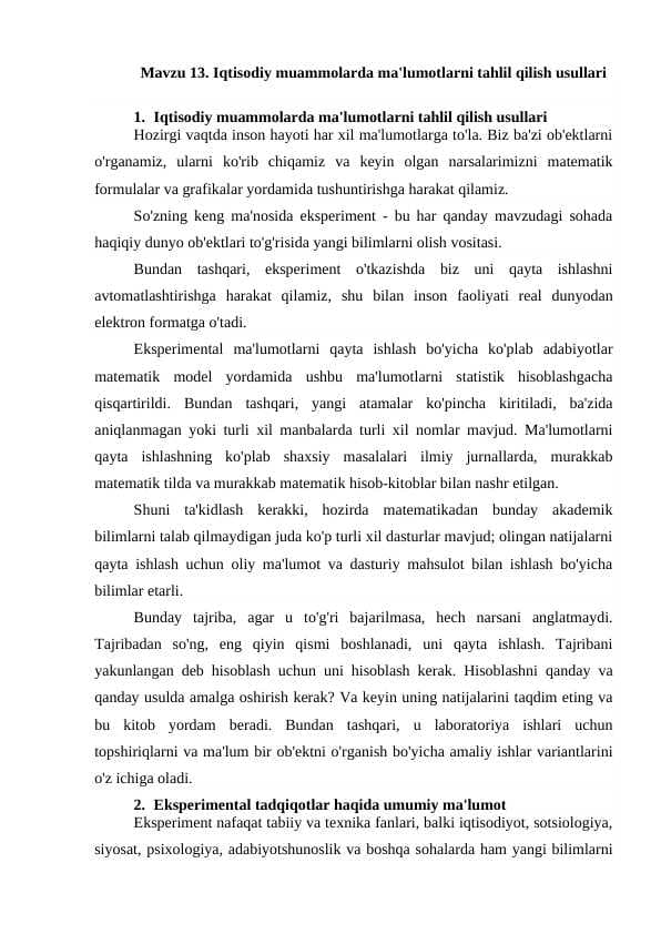 Iqtisodiy muammolarda ma'lumotlarni tahlil qilish usullari
