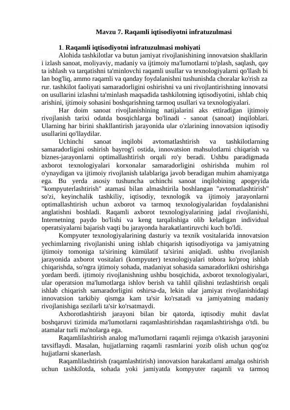 Raqamli iqtisodiyotni infratuzulmasi