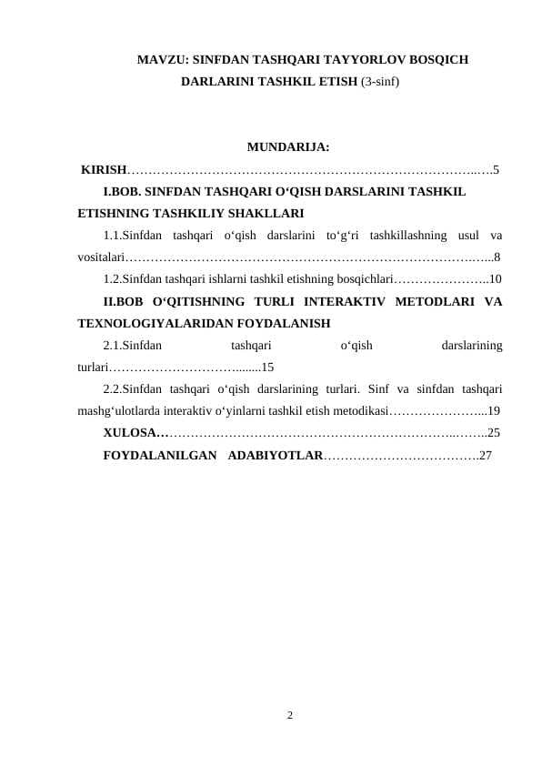 SINFDAN TASHQARI TAYYORLOV BOSQICH DARLARINI TASHKIL ETISH (3-sinf)