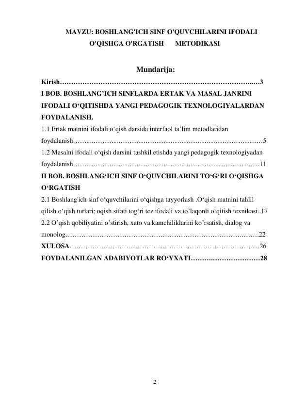 BOSHLANG'ICH SINF O'QUVCHILARINI IFODALI O'QISHGA O'RGATISH	METODIKASI