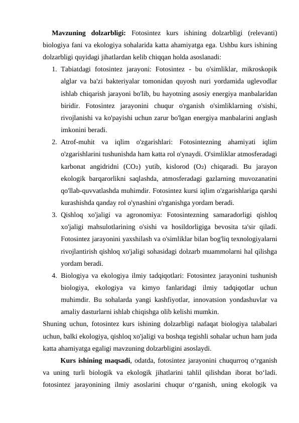 Fotosintez  intensevligiga  tashqi  muhit  omillarining ta'sirini  aniqlash