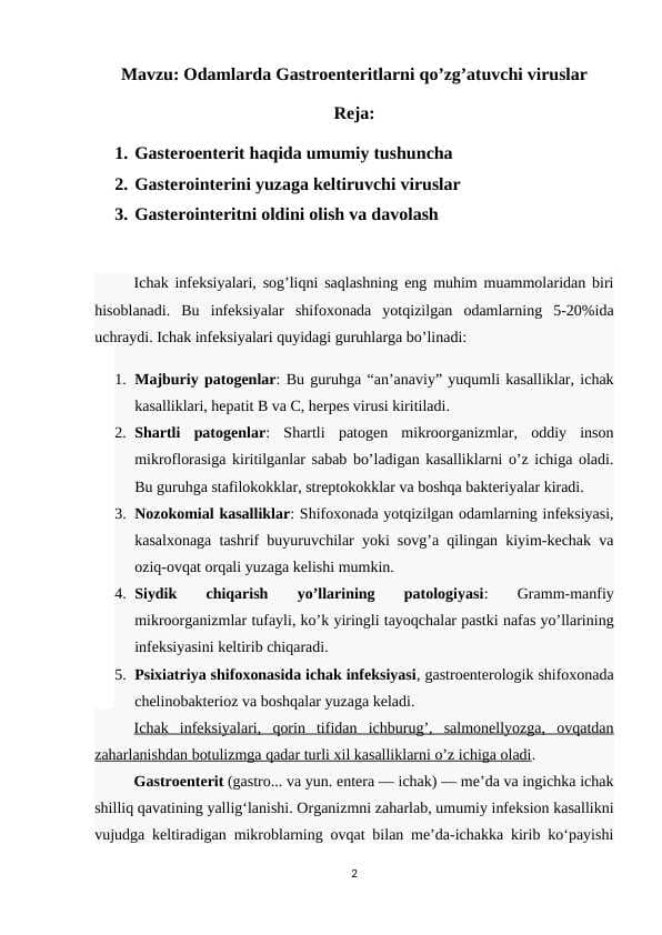 Odamlarda Gastroenteritlarni qo’zg’atuvchi viruslar