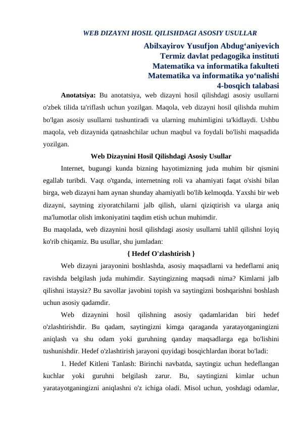 WEB DIZAYNI HOSIL QILISHDAGI ASOSIY USULLAR