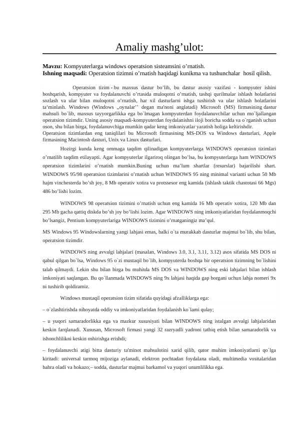 Kompyuterlarga windows operatsion tizimini o’rnatish.