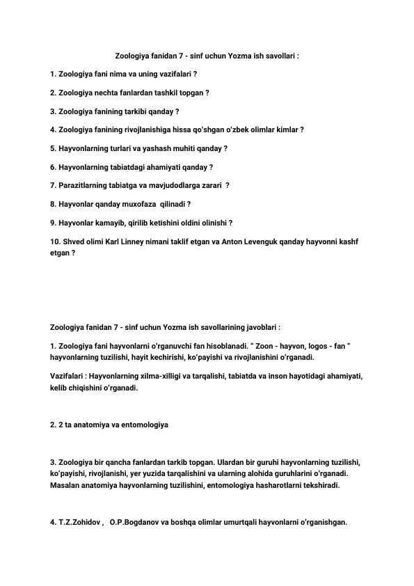 Zoologiya fanidan 7-sinf uchun yozma nazorat ishi savollari / javoblari bilan